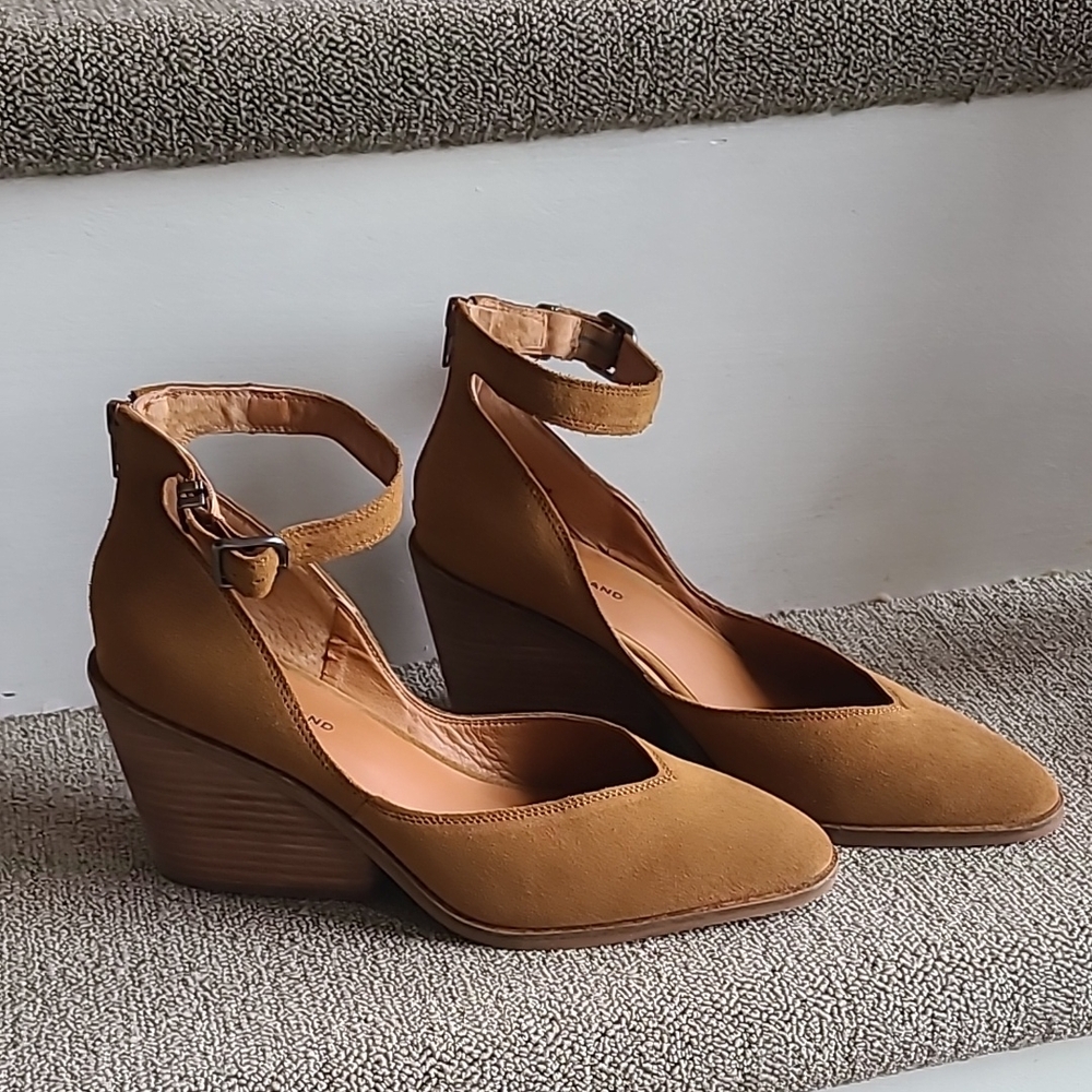 Lucky Brand Brown Suede Leather Wedge Heel Ankle Strap Shoes